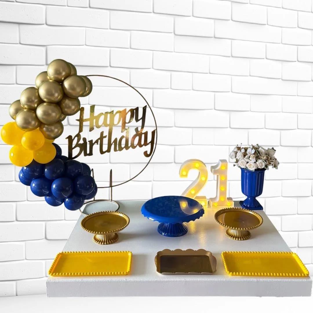 Kit Mesa - Happy Birthday - azul, amarelo e dourado
